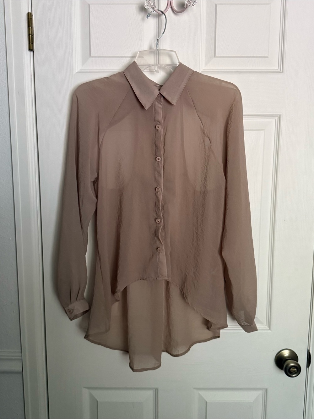 Beige Polyester High Low Cut Out Blouse
